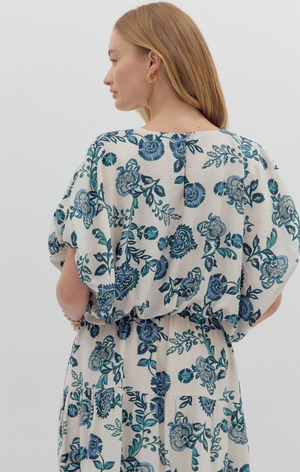 TEAL FLORAL PRINT TOP AND BUBBLE SKIRT SET