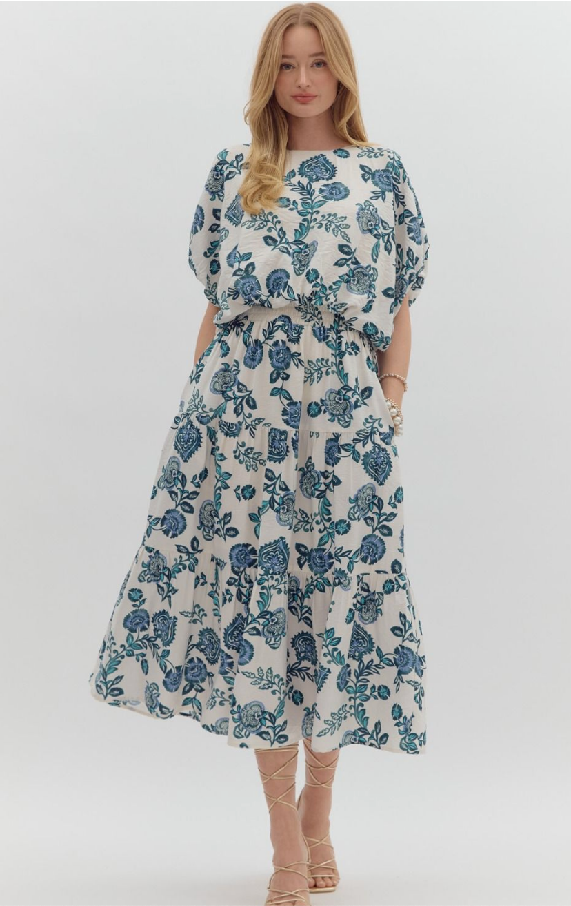TEAL FLORAL PRINT TOP AND BUBBLE SKIRT SET