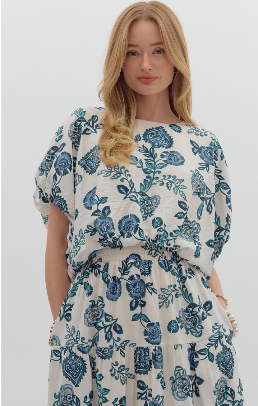 TEAL FLORAL PRINT TOP AND BUBBLE SKIRT SET