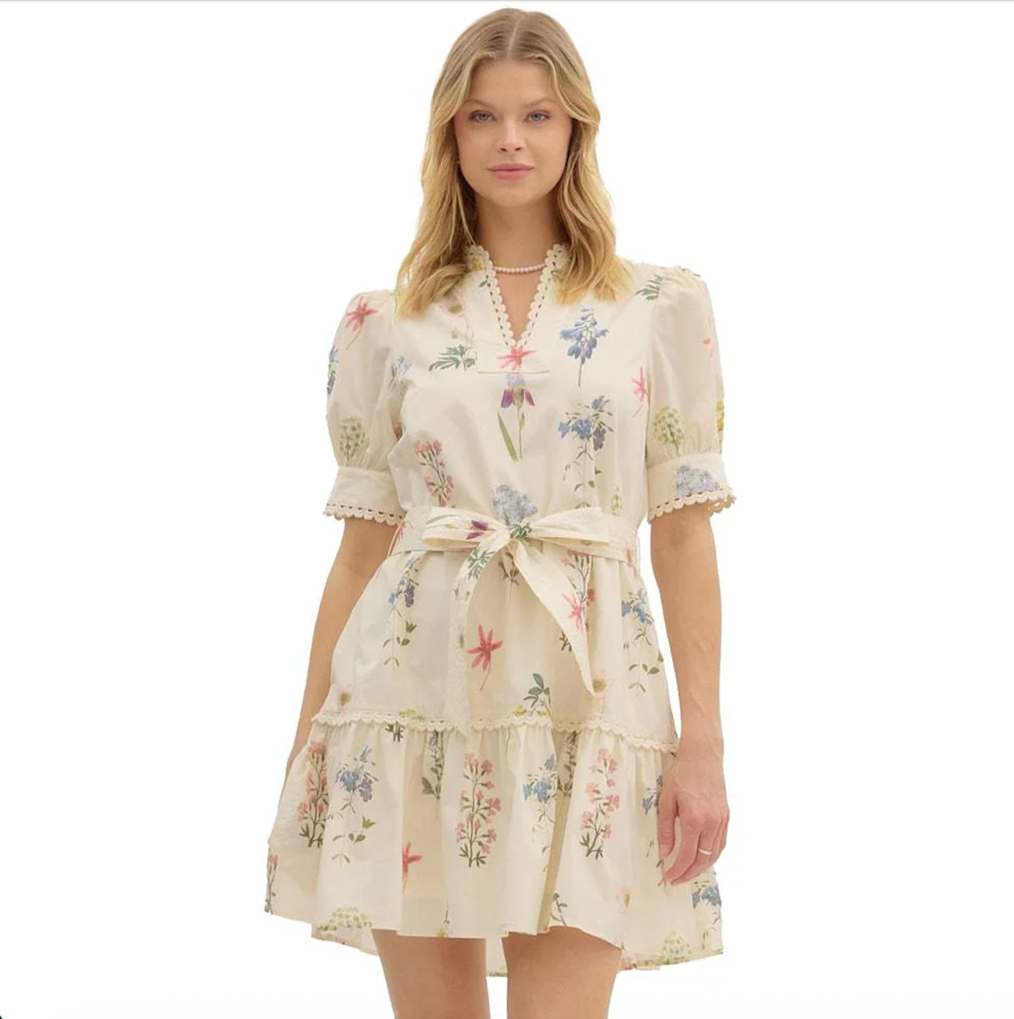 FLORAL MINI DRESS WITH BELT IN CREAM