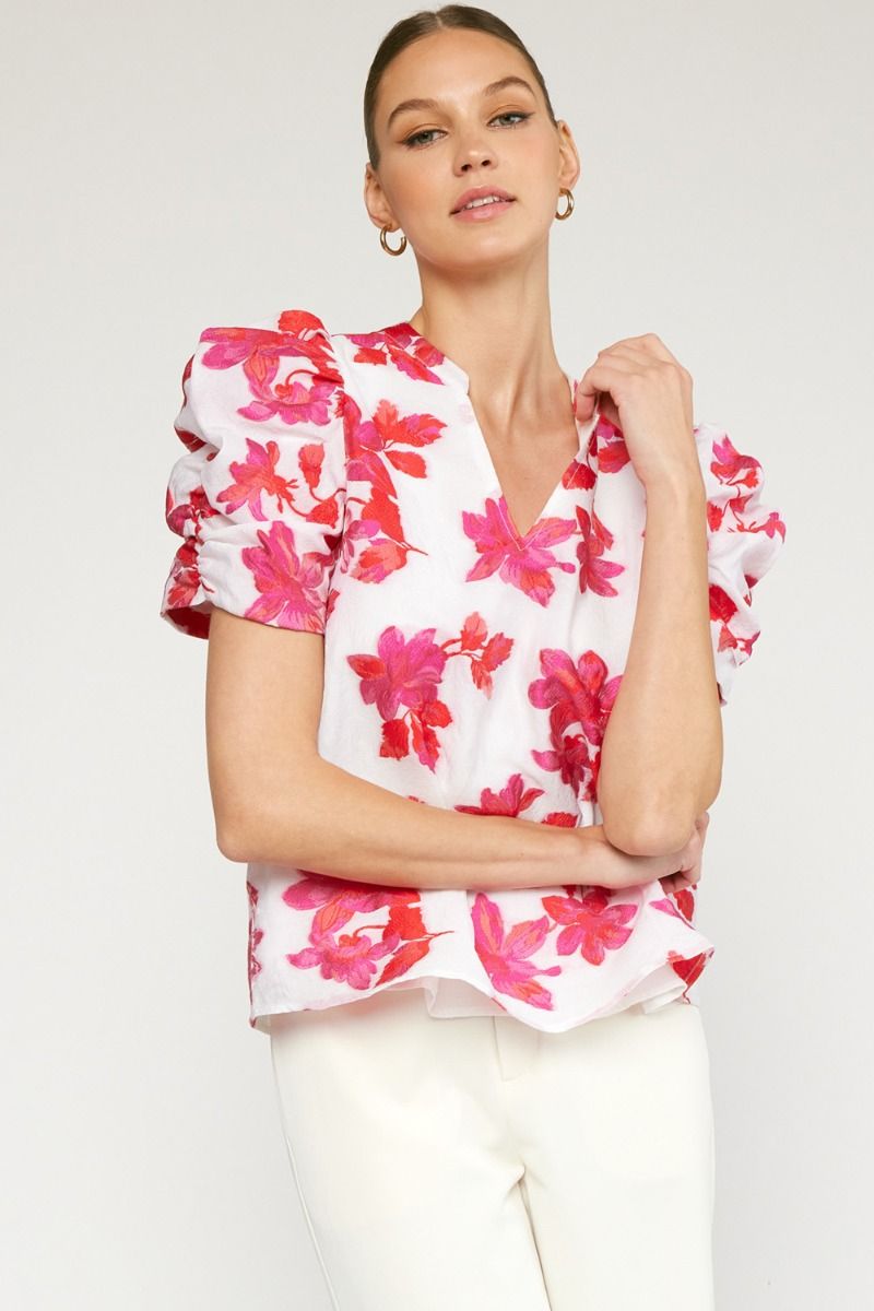 YATES FLORAL BLOUSE IN OFF WHITE AND FUCHSIA