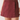 A close-up of a model wearing a high-waisted, wrap-style mini skirt in a washed burgundy denim fabric, shown from the waist down against a plain light background.