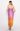 Woman wearing a gradient dress with purple and orange colors on a white background