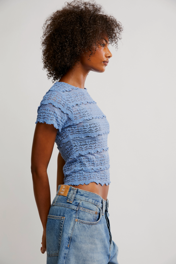 FREE PEOPLE ANGELINA LACE TEE IN ALLURE BLUE