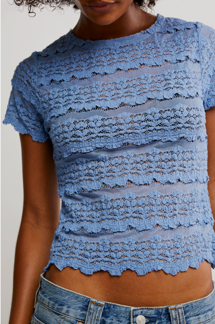 FREE PEOPLE ANGELINA LACE TEE IN ALLURE BLUE