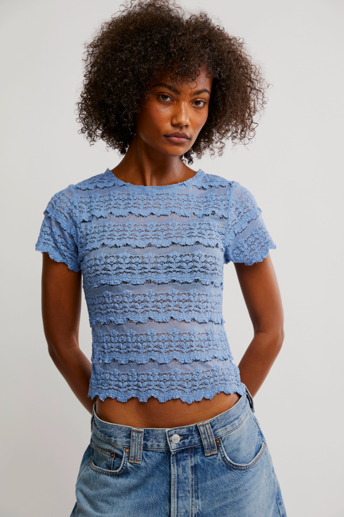 FREE PEOPLE ANGELINA LACE TEE IN ALLURE BLUE