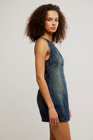 FREE PEOPLE ATLAS DENIM MINI DRESS IN VINTAGE INDIGO