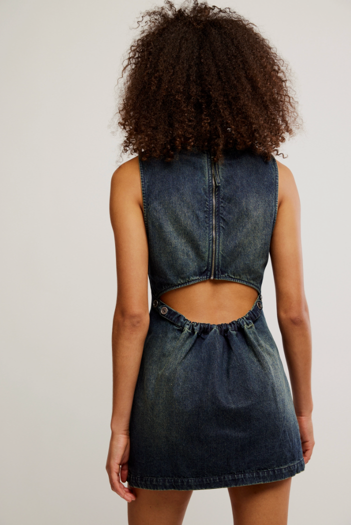 FREE PEOPLE ATLAS DENIM MINI DRESS IN VINTAGE INDIGO