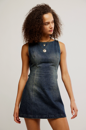 FREE PEOPLE ATLAS DENIM MINI DRESS IN VINTAGE INDIGO