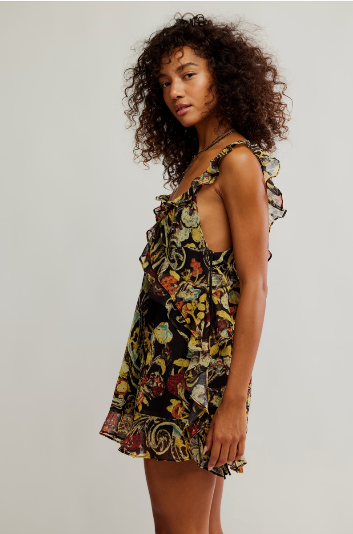 FREE PEOPLE BALI FLORA MINI DRESS IN BLACK COMBO