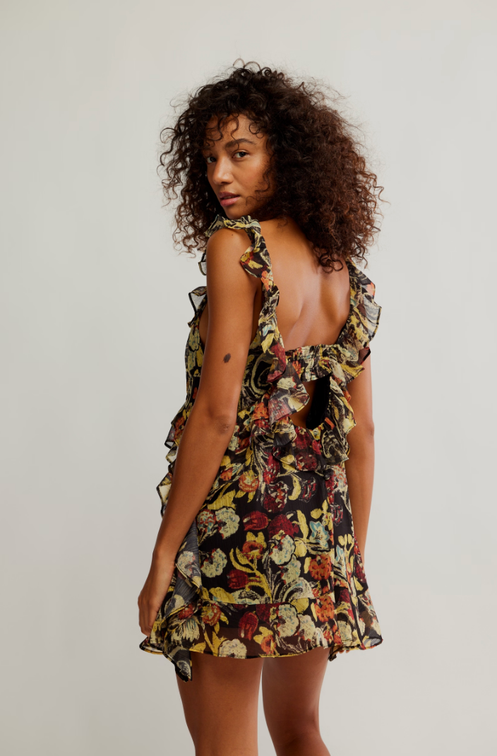 FREE PEOPLE BALI FLORA MINI DRESS IN BLACK COMBO