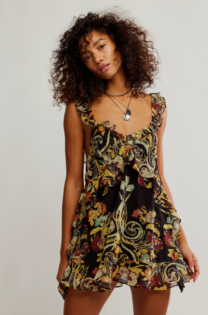 FREE PEOPLE BALI FLORA MINI DRESS IN BLACK COMBO