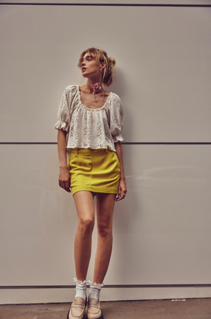 FREE PEOPLE CANT BLAME ME MINI SKIRT IN CITRONELLE