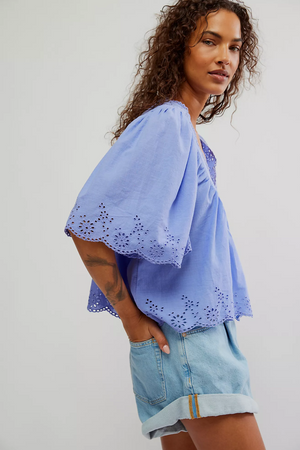 FREE PEOPLE COSTA EYELET TOP IN PERIWINKLE