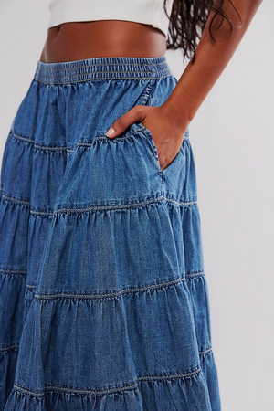 FREE PEOPLE FULL SWING CHAMBRAY MIDI IN COOL BLUE