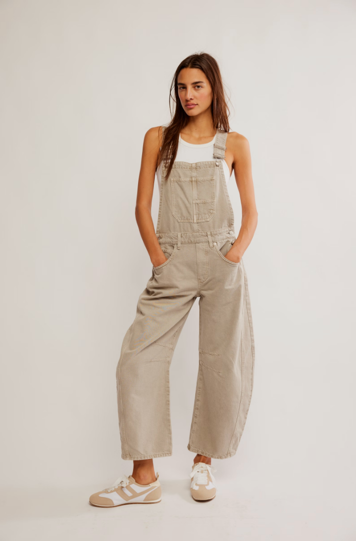 FREE PEOPLE GOOD LUCK OVERALL IN COBBLESTONE