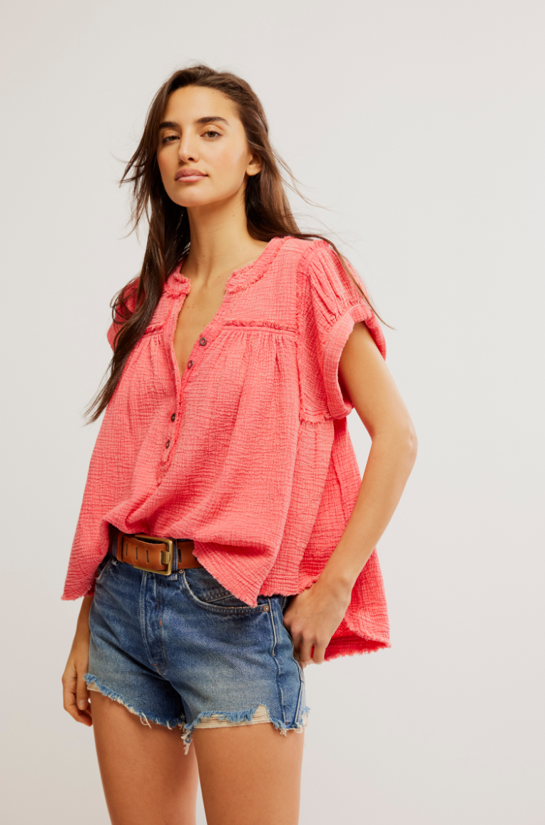 FREE PEOPLE HORIZONS DOUBLE CLOTH BLOUSE IN CORAL PARADISE