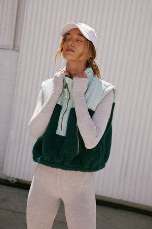 FREE PEOPLE JOURNEY AHEAD VEST IN EMERALD GARDEN AND MINT