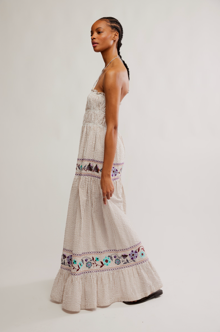 FREE PEOPLE KALANI MIDI DRESS IN IVORY STRIPE
