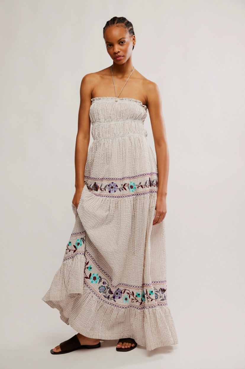 FREE PEOPLE KALANI MIDI DRESS IN IVORY STRIPE