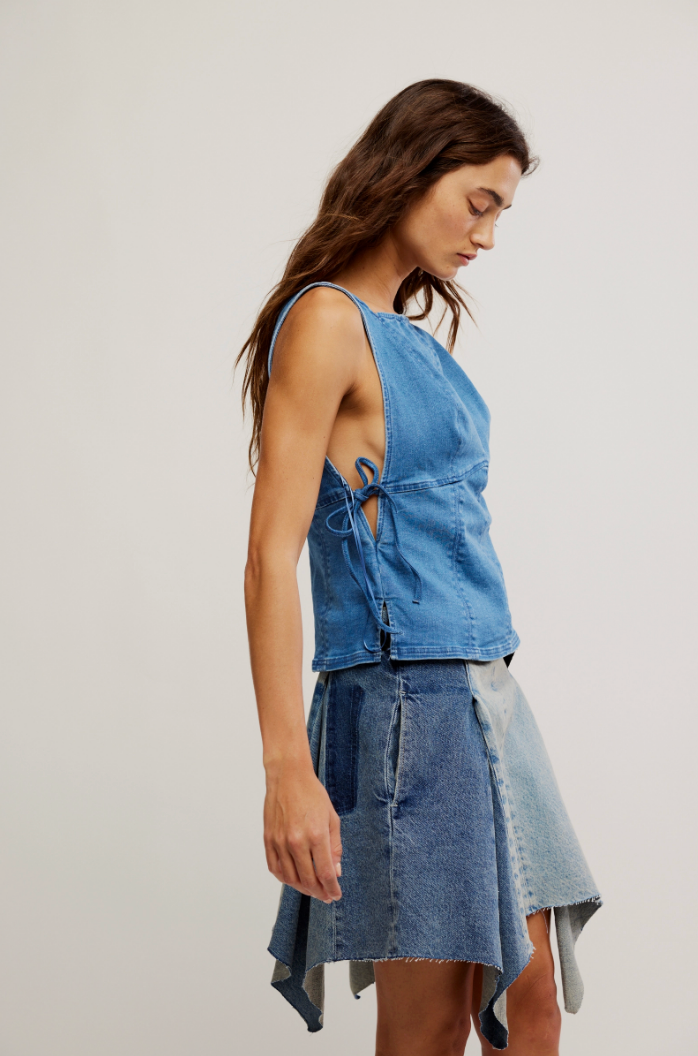 FREE PEOPLE NOT MY FAULT CORSET IN DENIM BABY BLUE WASH