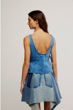 FREE PEOPLE NOT MY FAULT CORSET IN DENIM BABY BLUE WASH