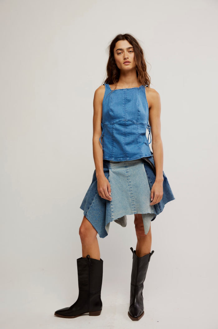 FREE PEOPLE NOT MY FAULT CORSET IN DENIM BABY BLUE WASH