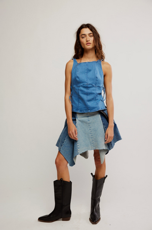 FREE PEOPLE NOT MY FAULT CORSET IN DENIM BABY BLUE WASH