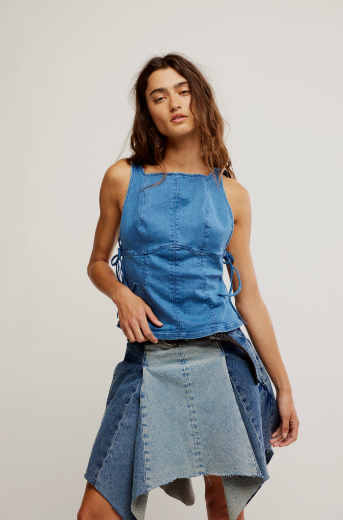 FREE PEOPLE NOT MY FAULT CORSET IN DENIM BABY BLUE WASH