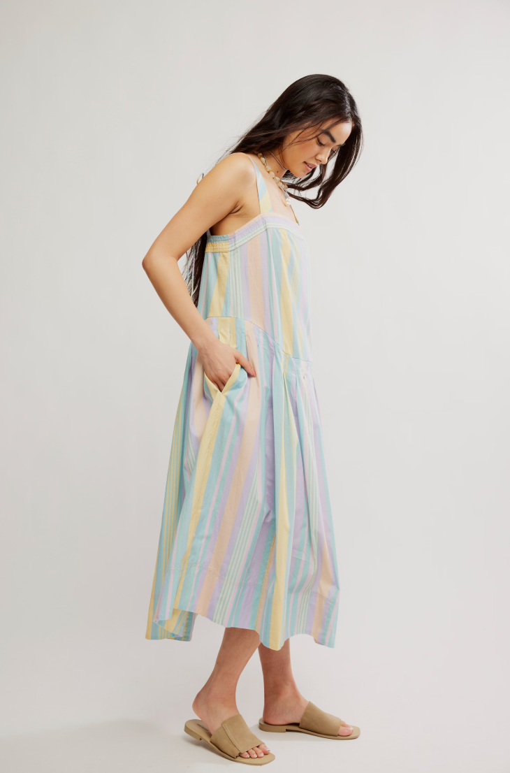 FREE PEOPLE PRIMAVERA STRIPE MIDI DRESS IN PASTEL STRIPES