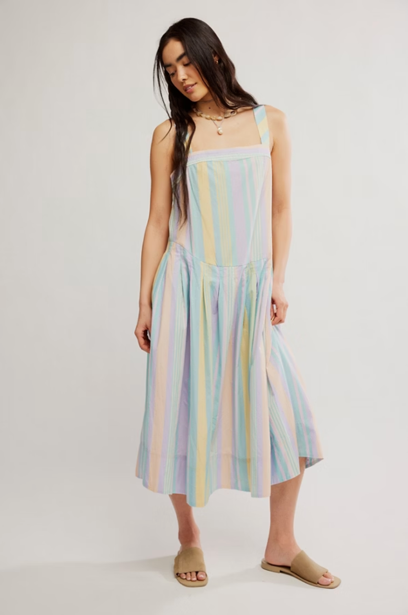 FREE PEOPLE PRIMAVERA STRIPE MIDI DRESS IN PASTEL STRIPES