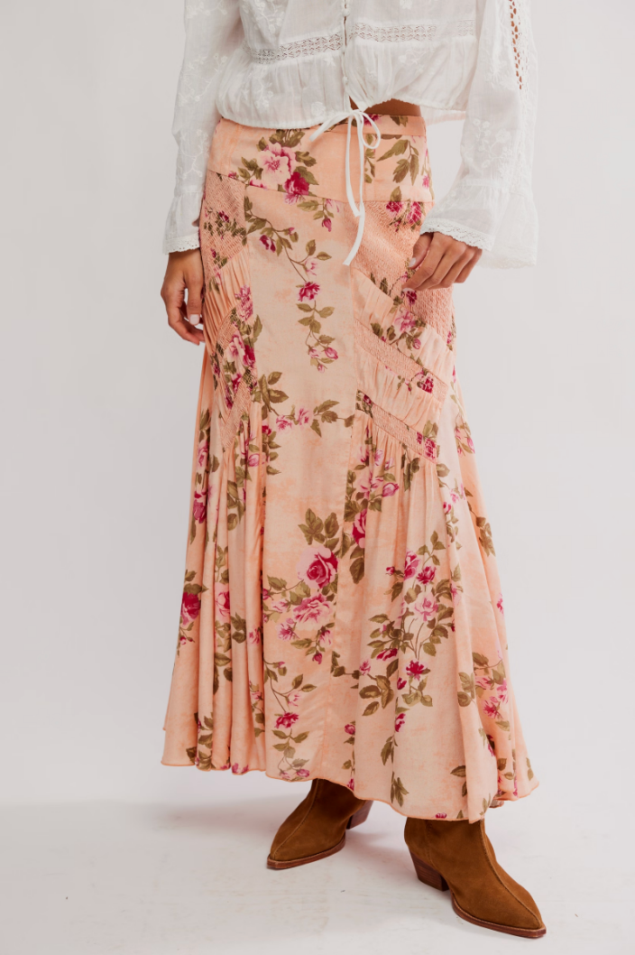 FREE PEOPLE ROWAN MAXI SKIRT IN FALLING FLORAL MAUVE