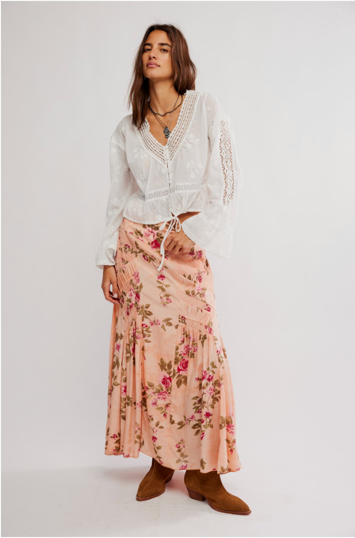 FREE PEOPLE ROWAN MAXI SKIRT IN FALLING FLORAL MAUVE
