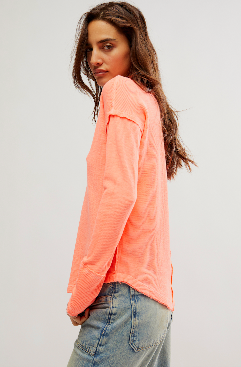 FREE PEOPLE SAIL AWAY LONG SLEEVE SOLID TOP IN FLUORESCENT CORAL