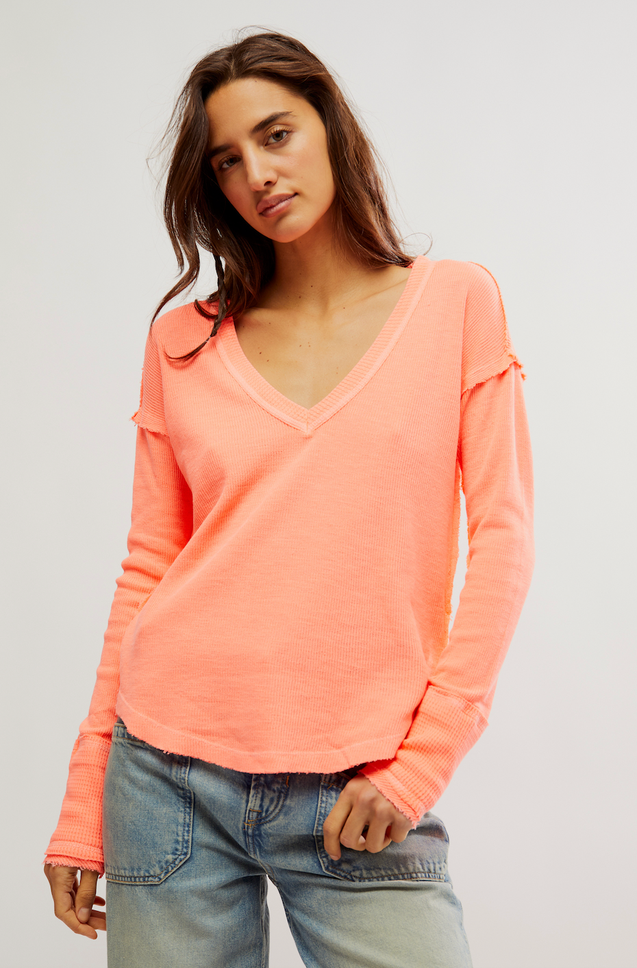FREE PEOPLE SAIL AWAY LONG SLEEVE SOLID TOP IN FLUORESCENT CORAL