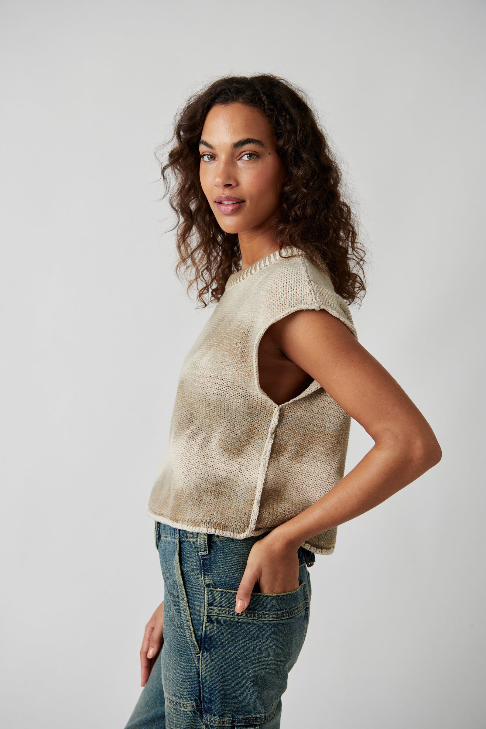 FREE PEOPLE STOLEN HEARTS WASHED VEST IN TAUPE COMBO