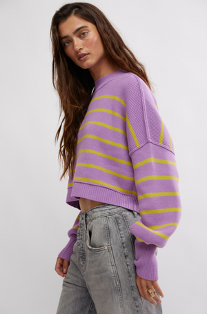 FREE PEOPLE STRIPE EASY CROP SWEATER IN IRIS ORCHID