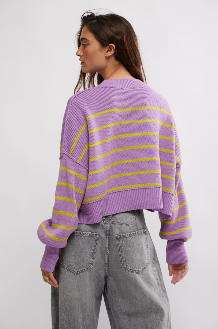 FREE PEOPLE STRIPE EASY CROP SWEATER IN IRIS ORCHID