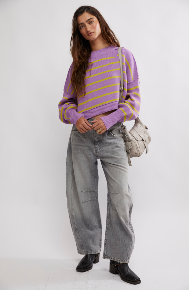 FREE PEOPLE STRIPE EASY CROP SWEATER IN IRIS ORCHID