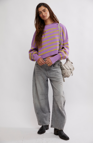 FREE PEOPLE STRIPE EASY CROP SWEATER IN IRIS ORCHID