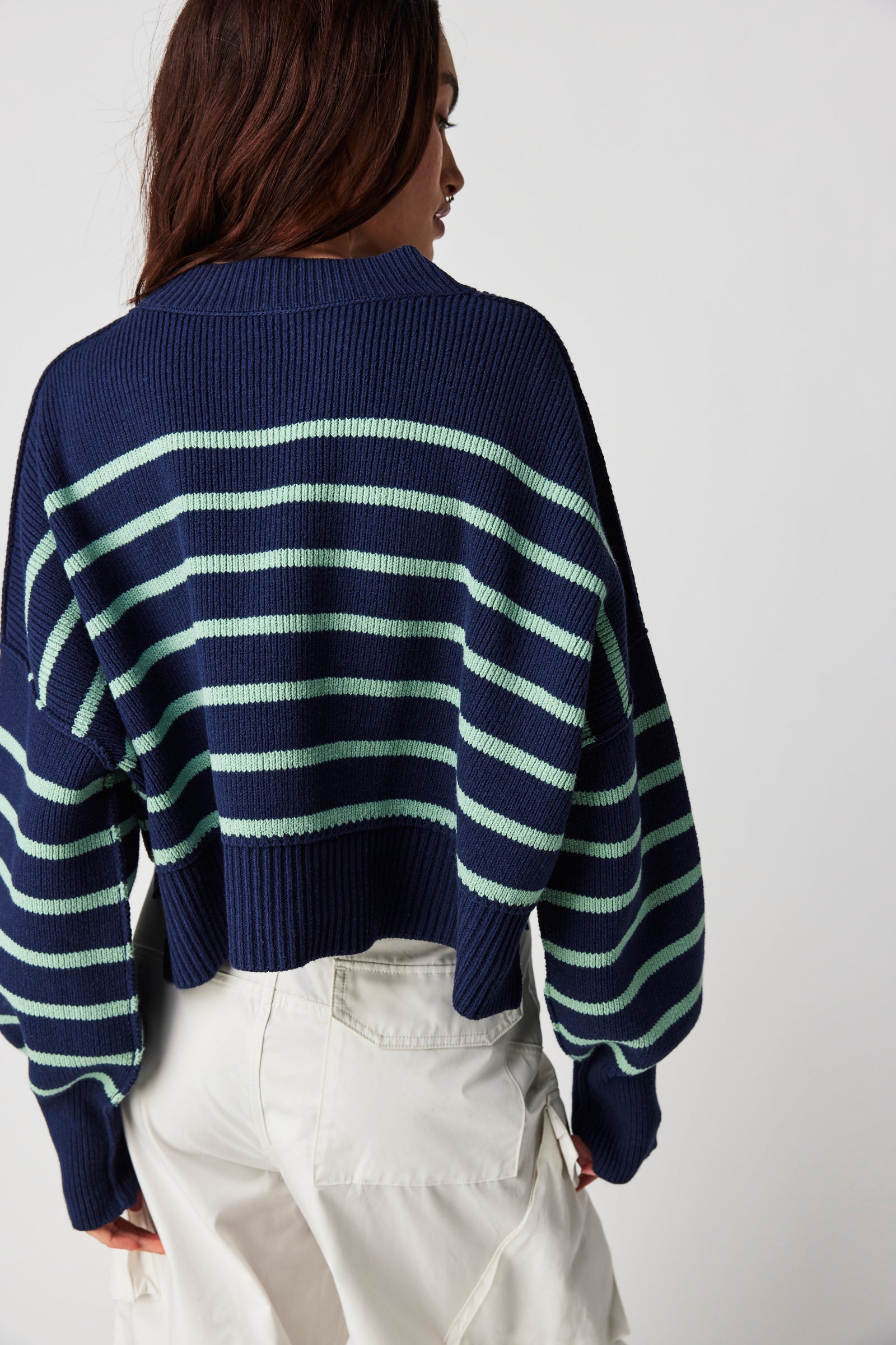 FREE PEOPLE STRIPE EASY STREET CROP SWEATER IN NAVY COMBO