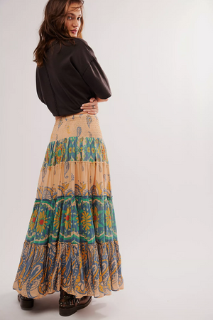 FREE PEOPLE SUPER THRILLS MAXI SKIRT IN BLUE SKY COMBO