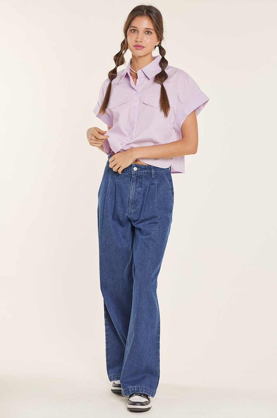 CLAIRE DROP SHOULDER ROLL UP BUTTON UP SHIRT IN LAVENDER
