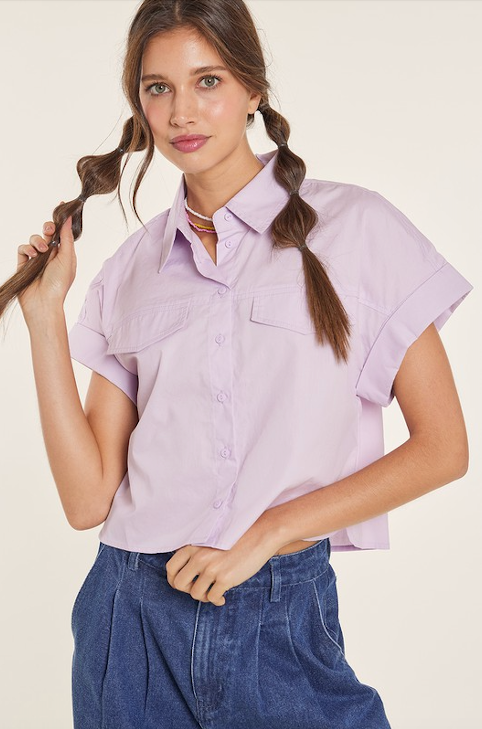 CLAIRE DROP SHOULDER ROLL UP BUTTON UP SHIRT IN LAVENDER