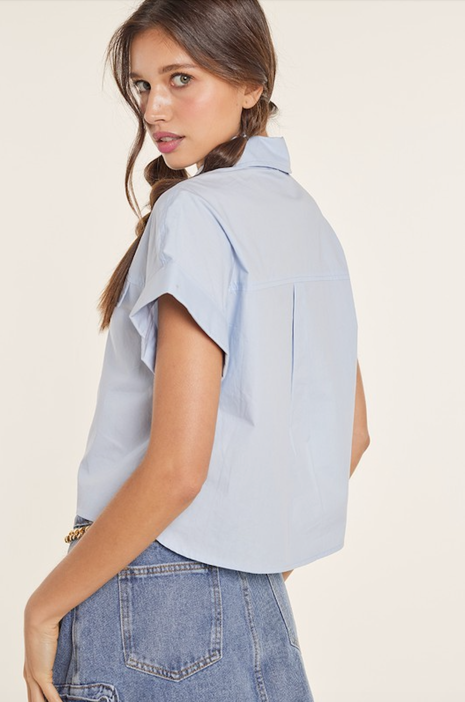 CLAIRE DROP SHOULDER ROLL UP BUTTON UP SHIRT IN LIGHT BLUE