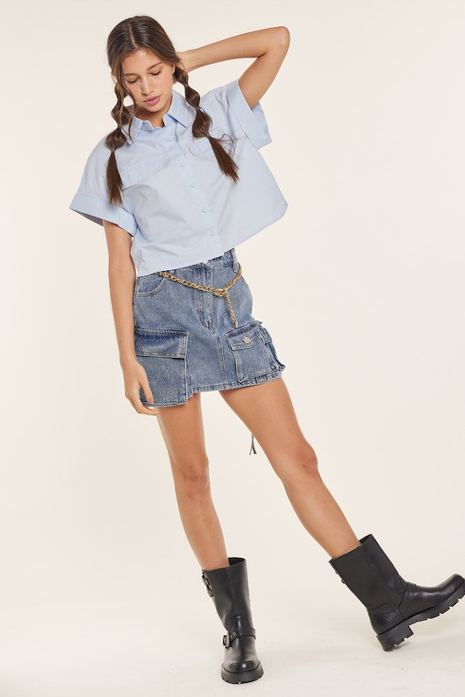 CLAIRE DROP SHOULDER ROLL UP BUTTON UP SHIRT IN LIGHT BLUE