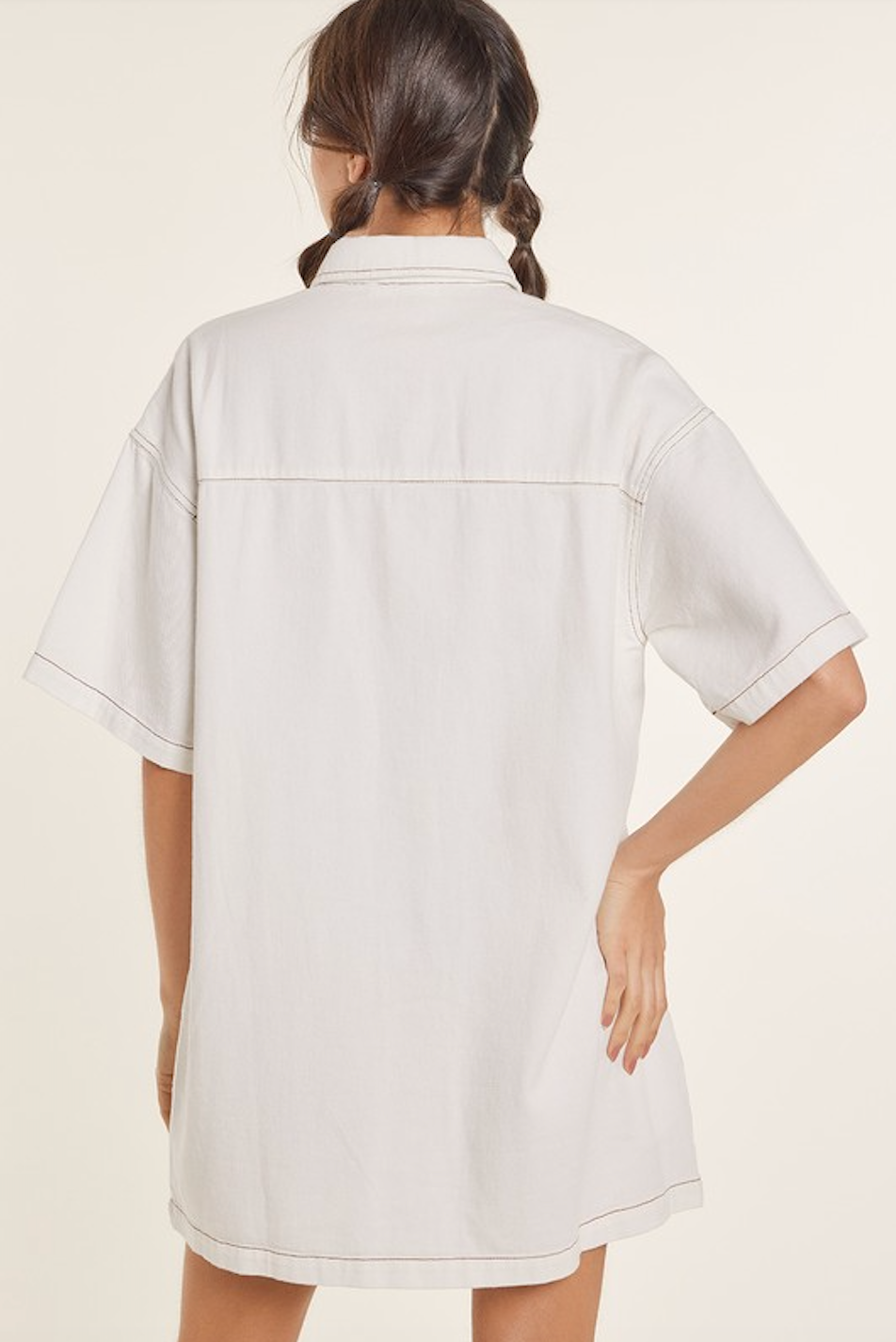 GWEN OVERFIT SHORT SLEEVE COTTON SHACKET DRESS POCKETED IN OFF WHITE