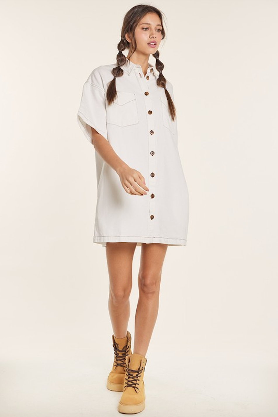 GWEN OVERFIT SHORT SLEEVE COTTON SHACKET DRESS POCKETED IN OFF WHITE