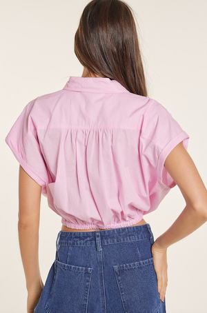 HALEY BUBBLE DRAWSTRING POPLIN BUTTON UP SHIRT IN CLEAR PINK