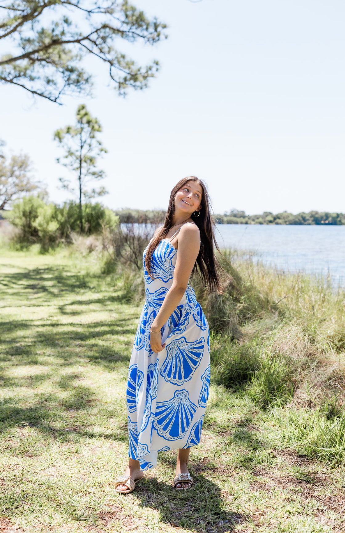 SEASHELL DREAMS MIDI DRESS IN BLUE
